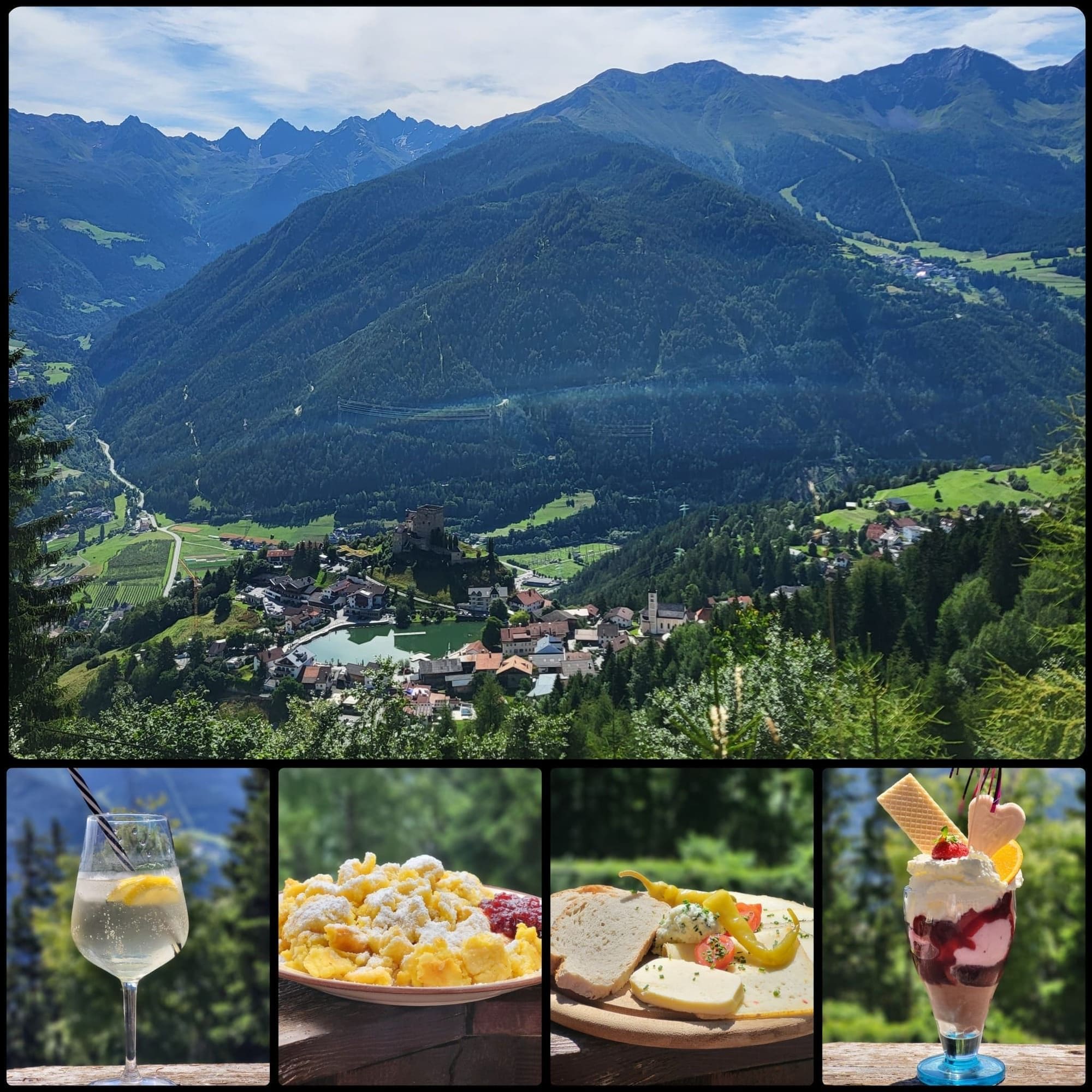 Impressionen vom Café Obladis: Ausblick über Ladis, Spritzer, Kaiserschmarrn, Käsejause und Eisbecher
