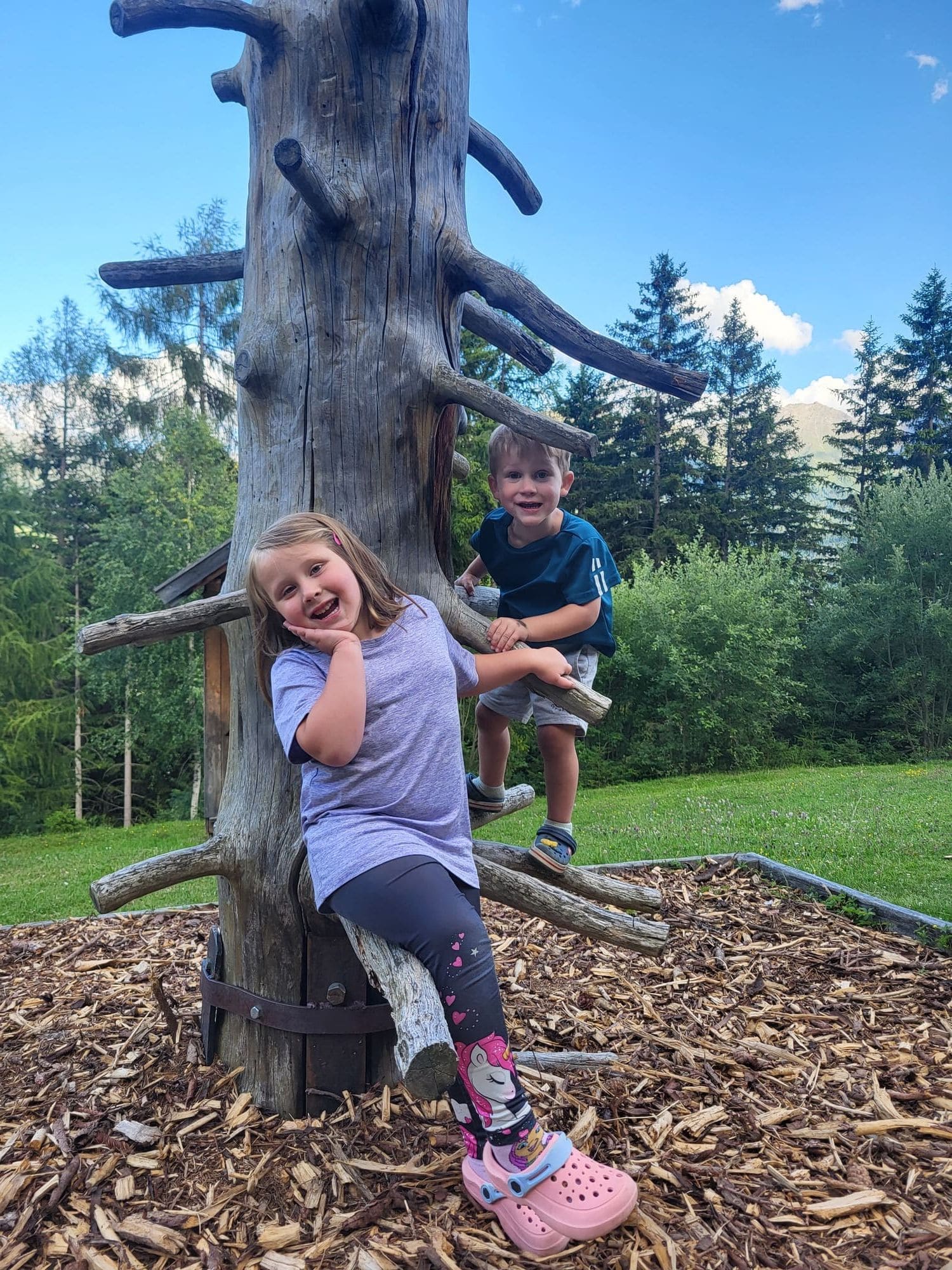Zwei Kinder klettern auf dem großen Kletterbaum am Abenteuerspielplatz der Pension Obladis